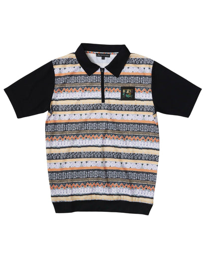 Black and multicolor polo shirt featuring a geometric knit pattern, quarter zip, and a woven label.