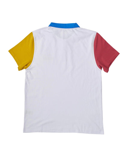 Back of a white polo shirt with blue collar, yellow right sleeve, and red left sleeve.
