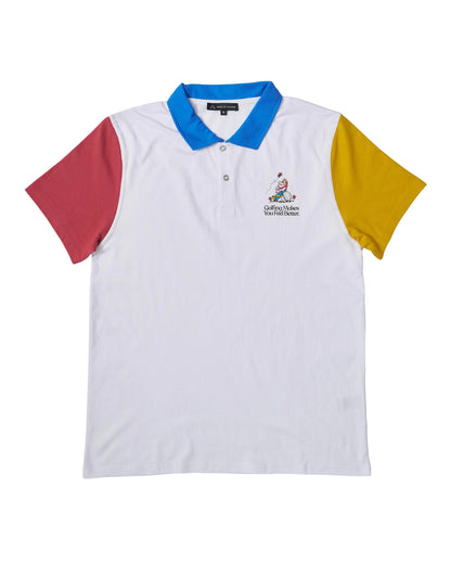 White polo shirt with a blue collar, red left sleeve, gold right sleeve, and a printed chest logo.