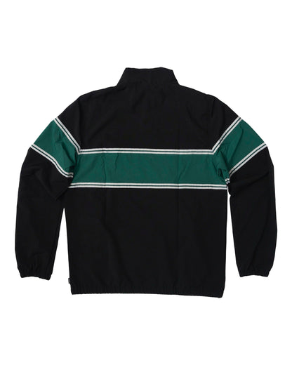 Back of a black and green jacket with a wide horizontal green stripe bordered by white piping.