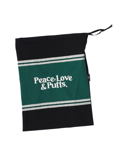 Black and green carry bag with white stripes and Peace, Love & Putts text.