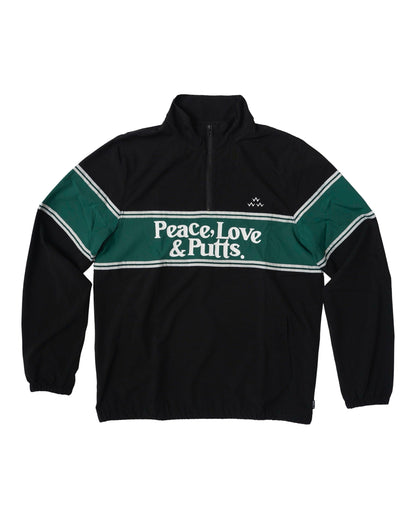 Black jacket with a green chest stripe, white piping, quarter-zip, and Peace, Love and Putts text.