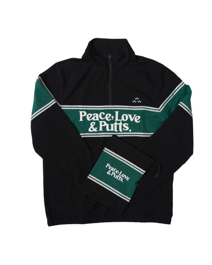 Black and green jacket with a quarter zip, white chest stripe, and matching carry bag.