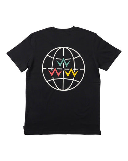 Back of a black crew neck t-shirt with a white globe graphic and multi-coloured W letters inside.