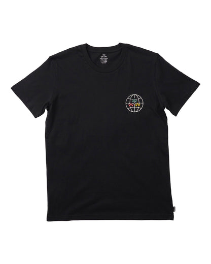 Black crew-neck t-shirt with a white globe graphic design on the left chest.