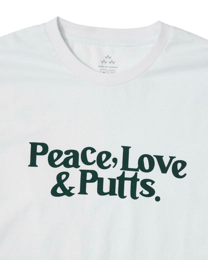 Detail of a white cotton t-shirt with a green Peace, Love & Putts print on the chest.
