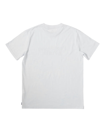 Back of a plain white organic cotton t-shirt with short sleeves and a classic crew neck.