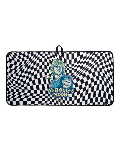 Black and white checkered golf towel with a central graphic of two men and the text NO BOGEYS BODHI.