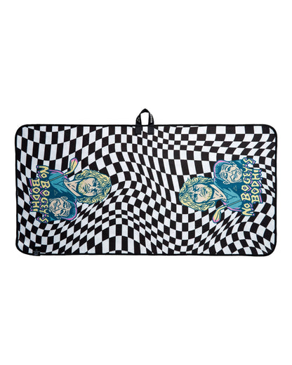 Black and white checkered golf towel with a printed graphic of two men and the text No Bogeys Bodhi.