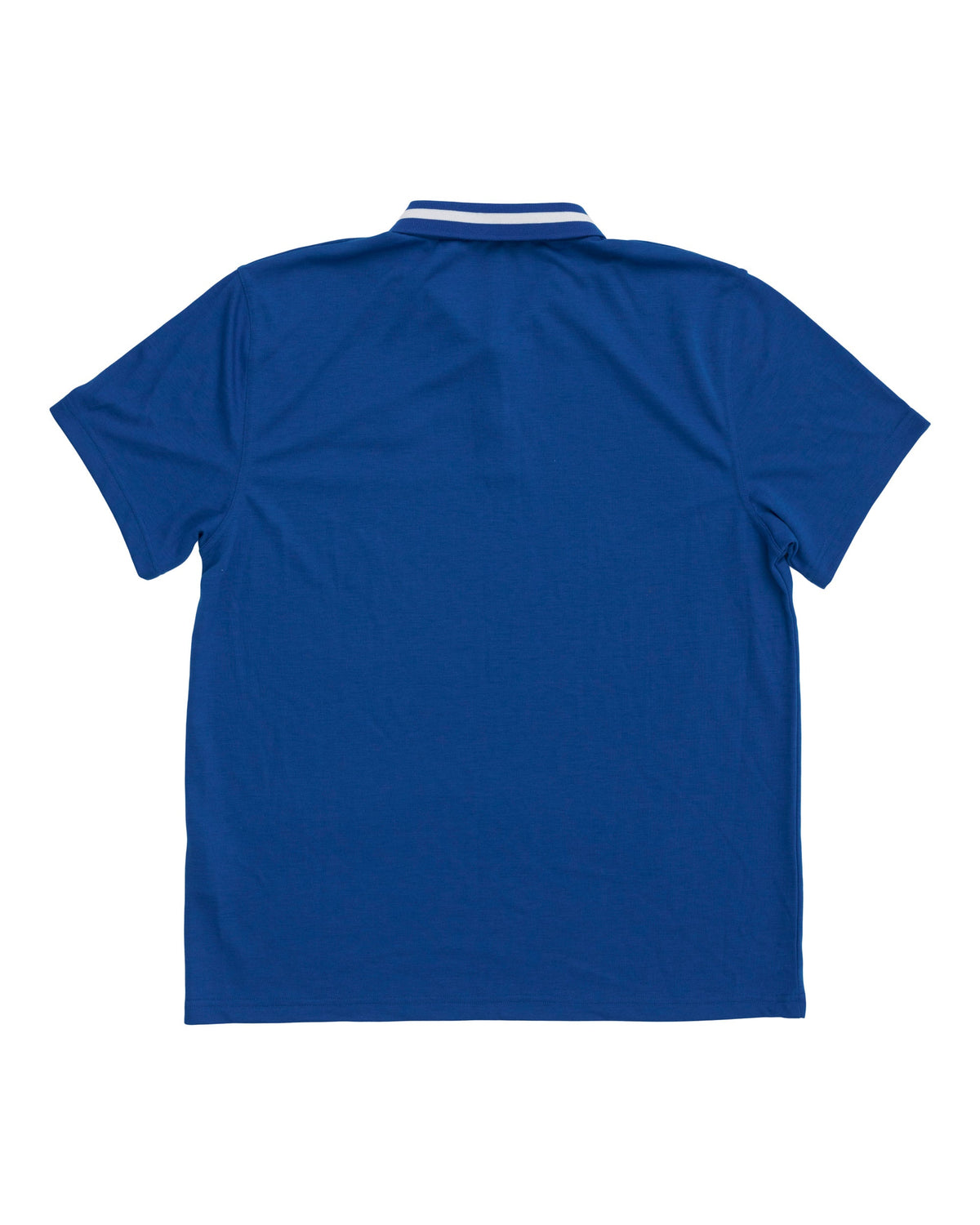 Back of a blue polo shirt featuring short sleeves and a striped white collar trim.
