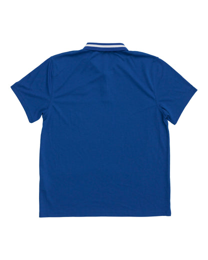 Back of a blue polo shirt featuring short sleeves and a striped white collar trim.