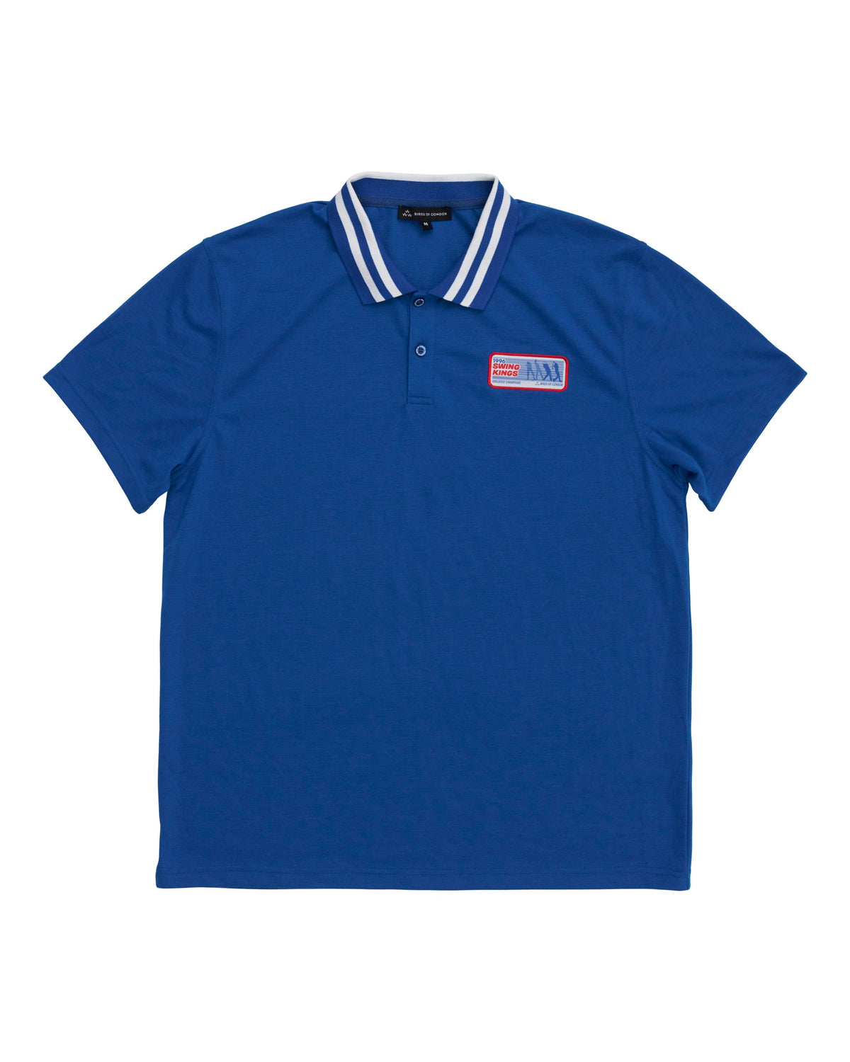 Blue polo shirt featuring a white-striped collar, a two-button placket, and a left chest patch.