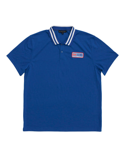 Blue polo shirt featuring a white-striped collar, a two-button placket, and a left chest patch.