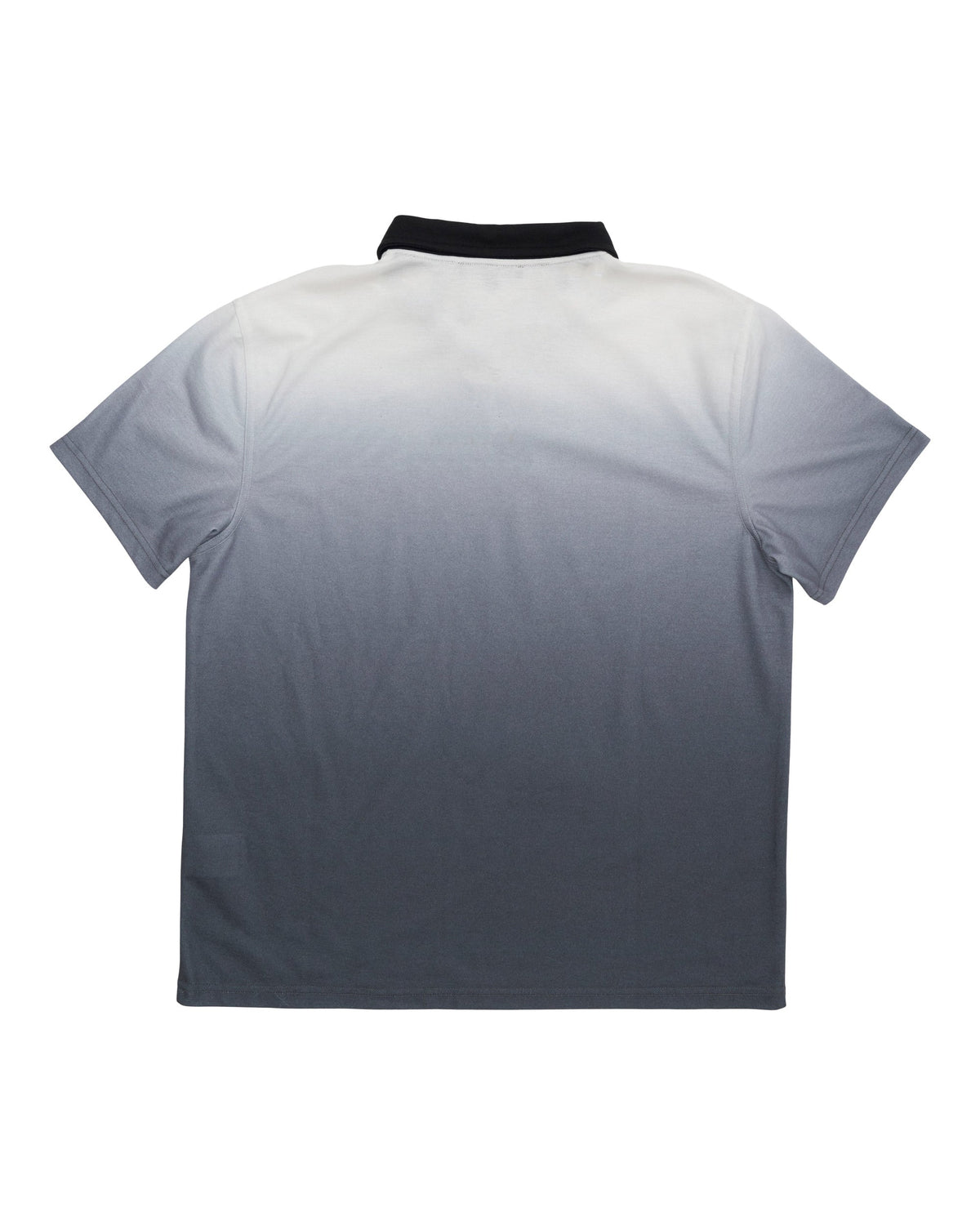 Back of a black gradient polo shirt with a black collar and short sleeves, featuring an all-over balayage fade.