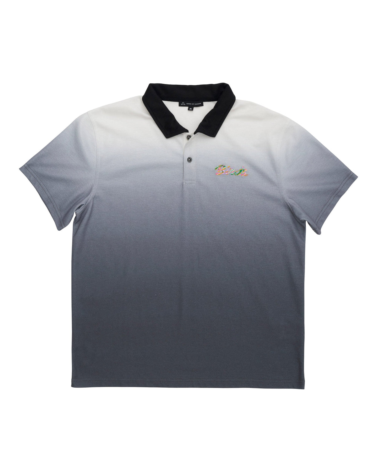 Black gradient polo shirt with a black collar and a small bird print on the left chest.