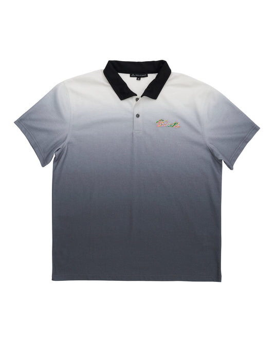 Black gradient polo shirt with a black collar and a small bird print on the left chest.