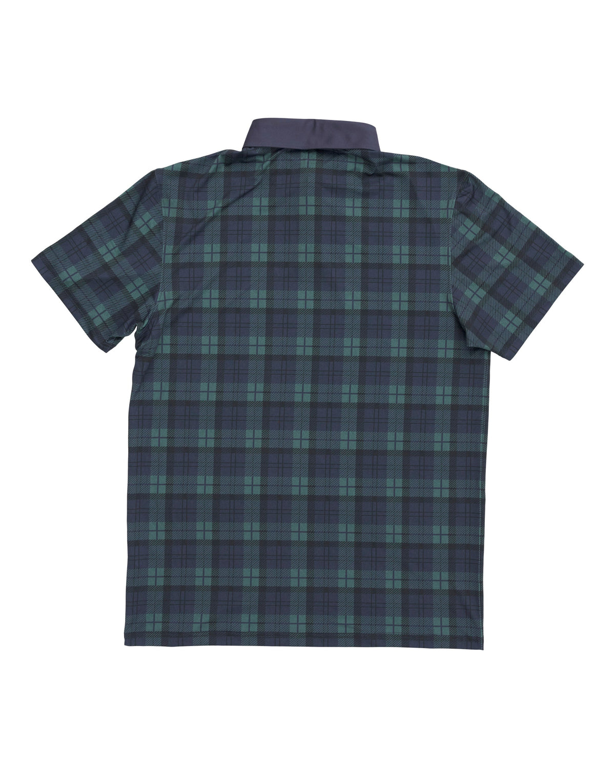 Back of a blue and green plaid polo shirt with a solid collar.