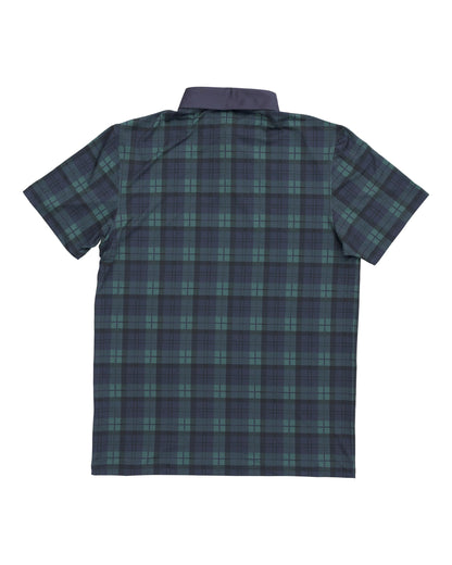 Back of a blue and green plaid polo shirt with a solid collar.