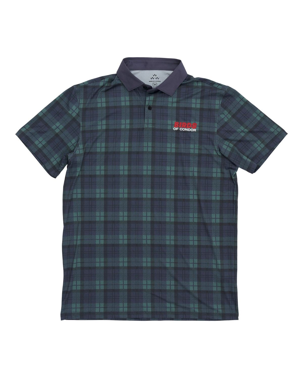 Blue and green plaid polo shirt with a solid collar, placket, and a red text logo on the chest.
