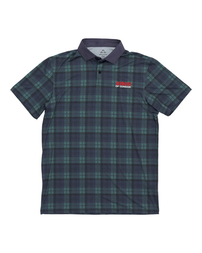 Blue and green plaid polo shirt with a solid collar, placket, and a red text logo on the chest.