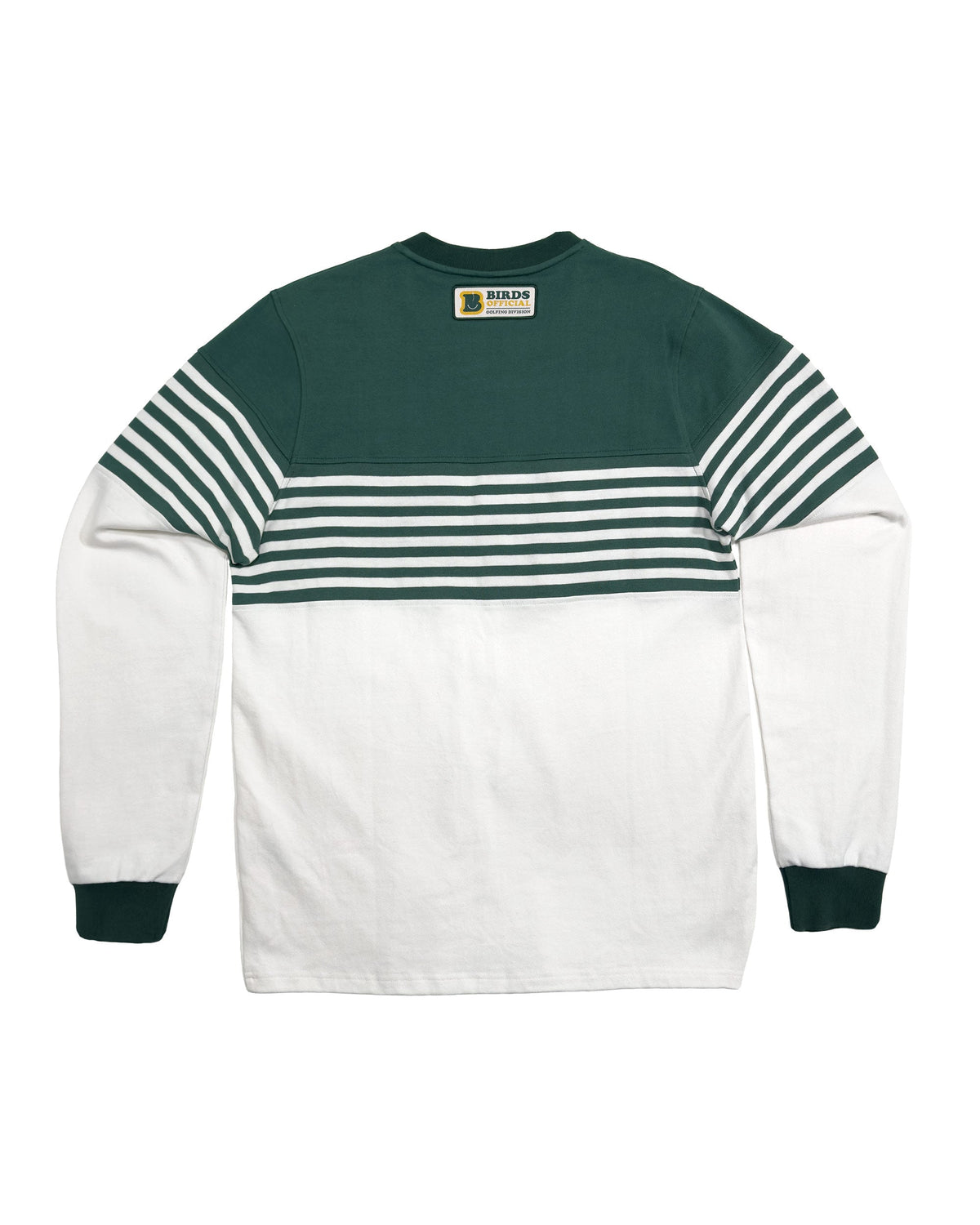 Back of a green and white rugby sweater with horizontal stripes, long sleeves, and a small neck logo.