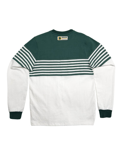 Back of a green and white rugby sweater with horizontal stripes, long sleeves, and a small neck logo.
