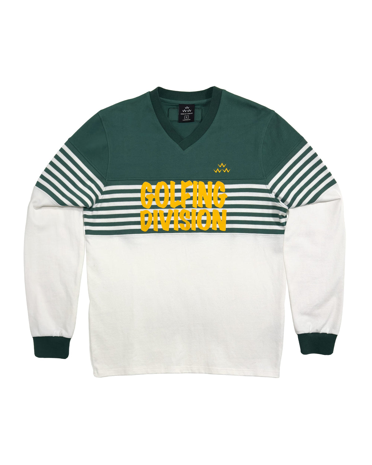 Green and white long-sleeve rugby sweater with horizontal stripes, V-neck, and yellow Golfing Division text.