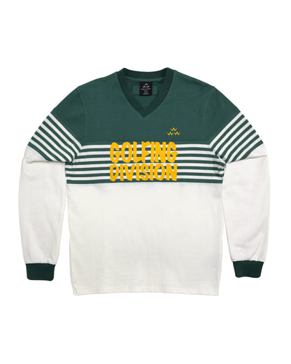 Green and white long-sleeve rugby sweater with horizontal stripes, V-neck, and yellow Golfing Division text.