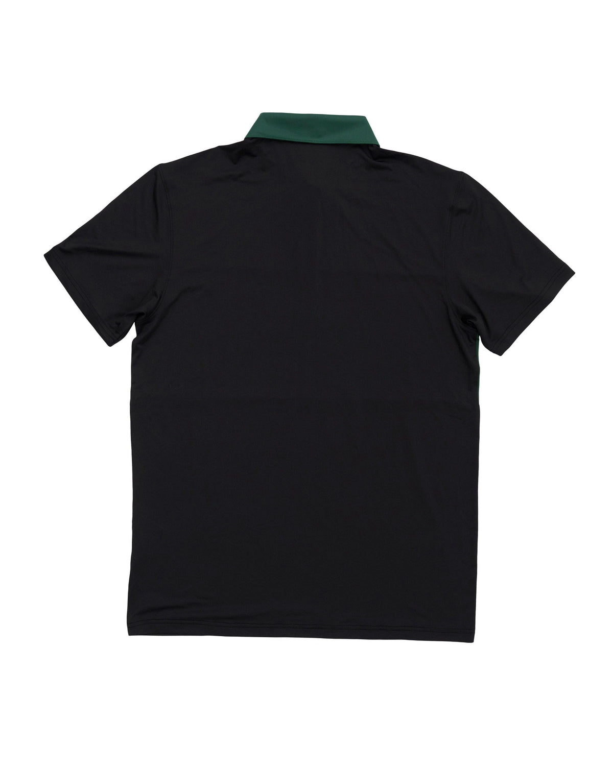Back of a black polo shirt featuring a contrast green collar and a horizontal mid-block panel.