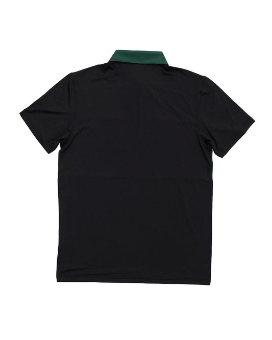 Back of a black polo shirt featuring a contrast green collar and a horizontal mid-block panel.