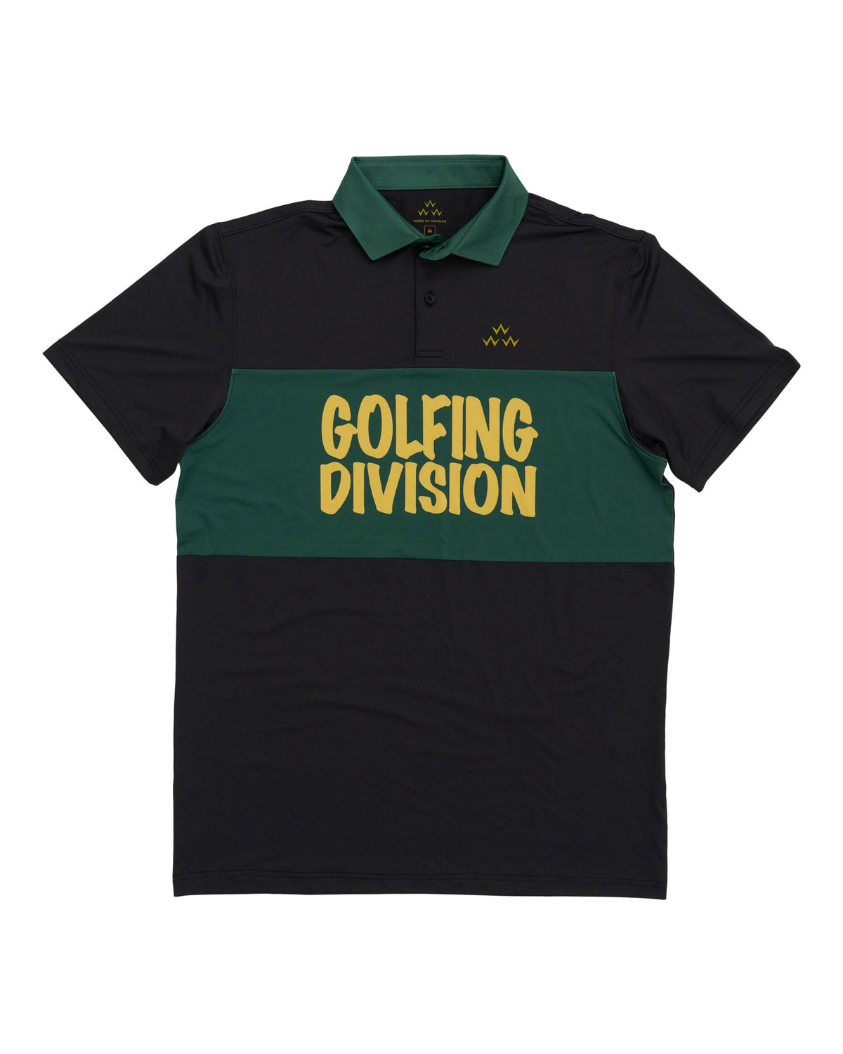 Black polo shirt with a green collar, a green mid block, and large yellow GOLFING DIVISION text.