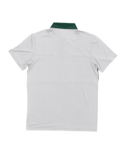 Back of a white polo shirt featuring a contrast green collar and short sleeves.