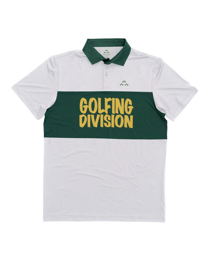 White polo shirt featuring a green collar, green mid block, and yellow Golfing Division chest graphic.