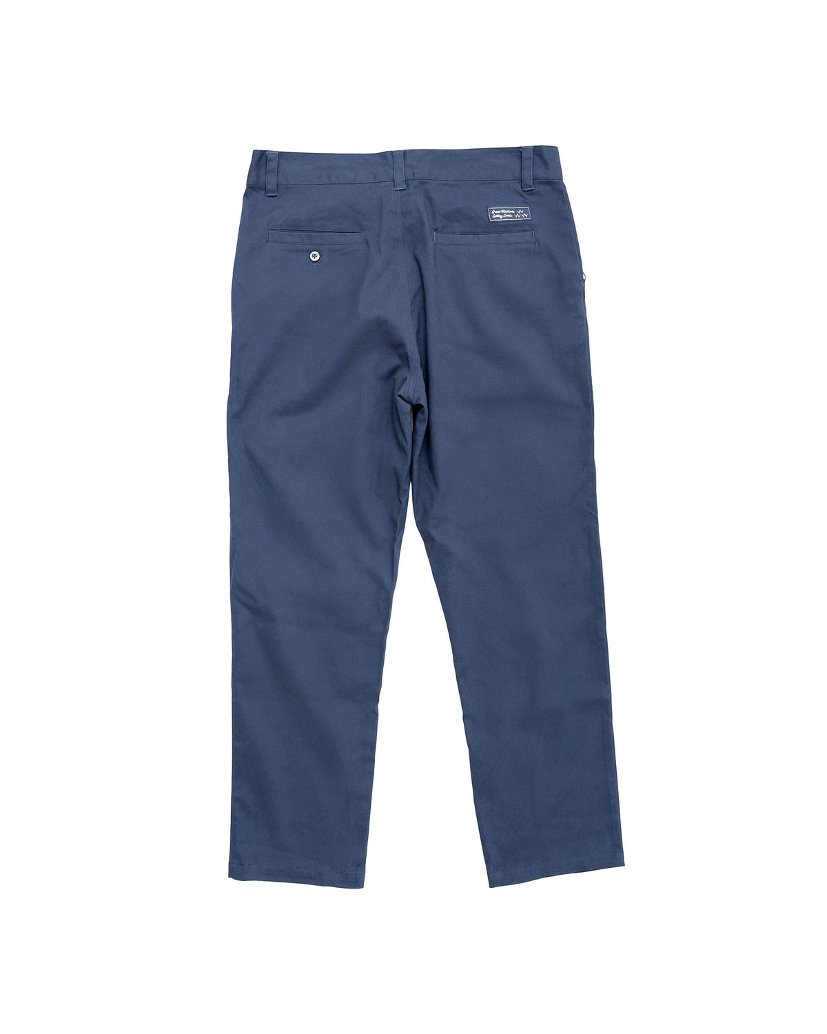 Back of navy pants featuring a fixed waistband with belt loops, two welt pockets, and a small brand logo.