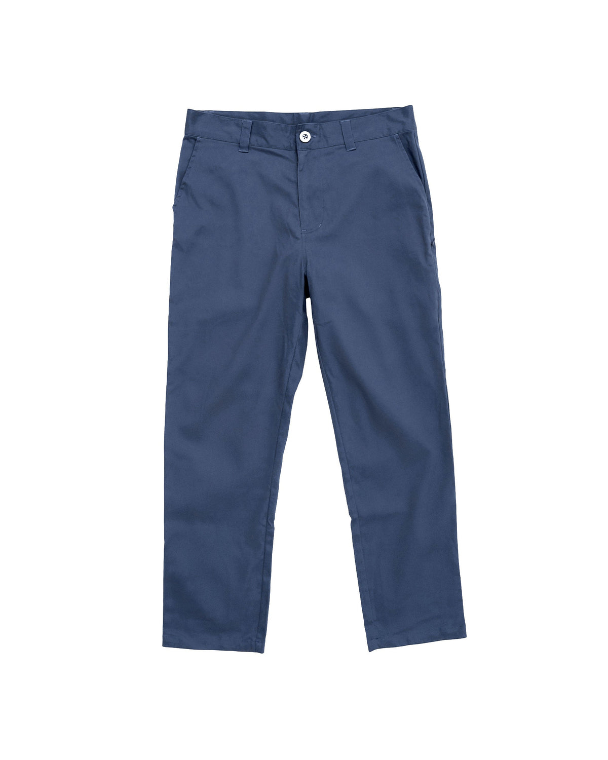 Front of light navy relaxed straight leg pants featuring belt loops and a central button.