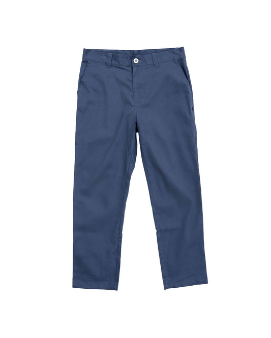 Front of light navy relaxed straight leg pants featuring belt loops and a central button.
