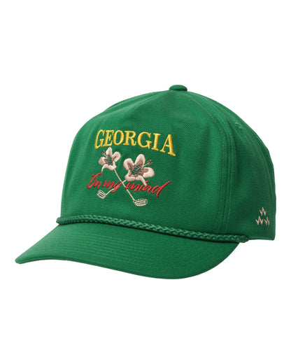 Masters green 5-panel rope snapback with embroidered Georgia On My Mind text, flowers, and golf clubs.