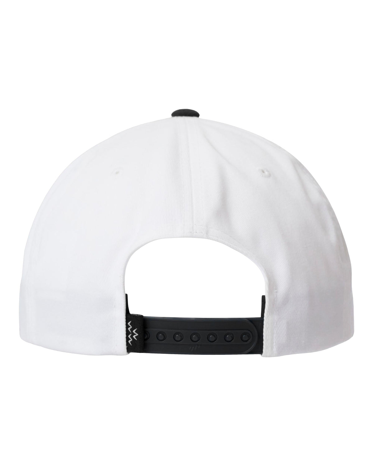 Back of a white snapback cap with a black top button, adjustable black strap, and small logo tab.