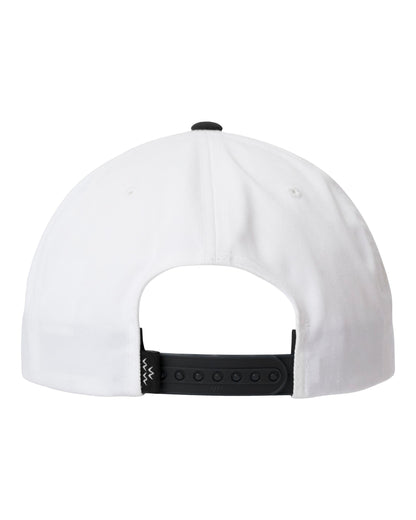 Back of a white snapback cap with a black top button, adjustable black strap, and small logo tab.