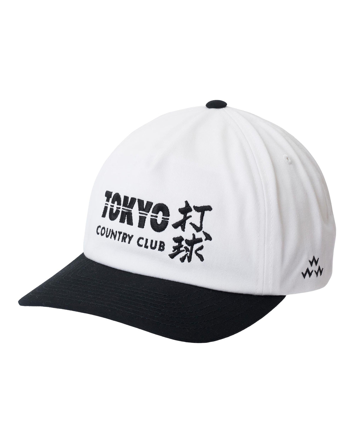 Front of a white snapback hat with a black brim and button, featuring black Tokyo Country Club embroidery.