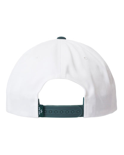 Back of a white snapback hat with an alpine green strap closure, top button, and dark green flag label.