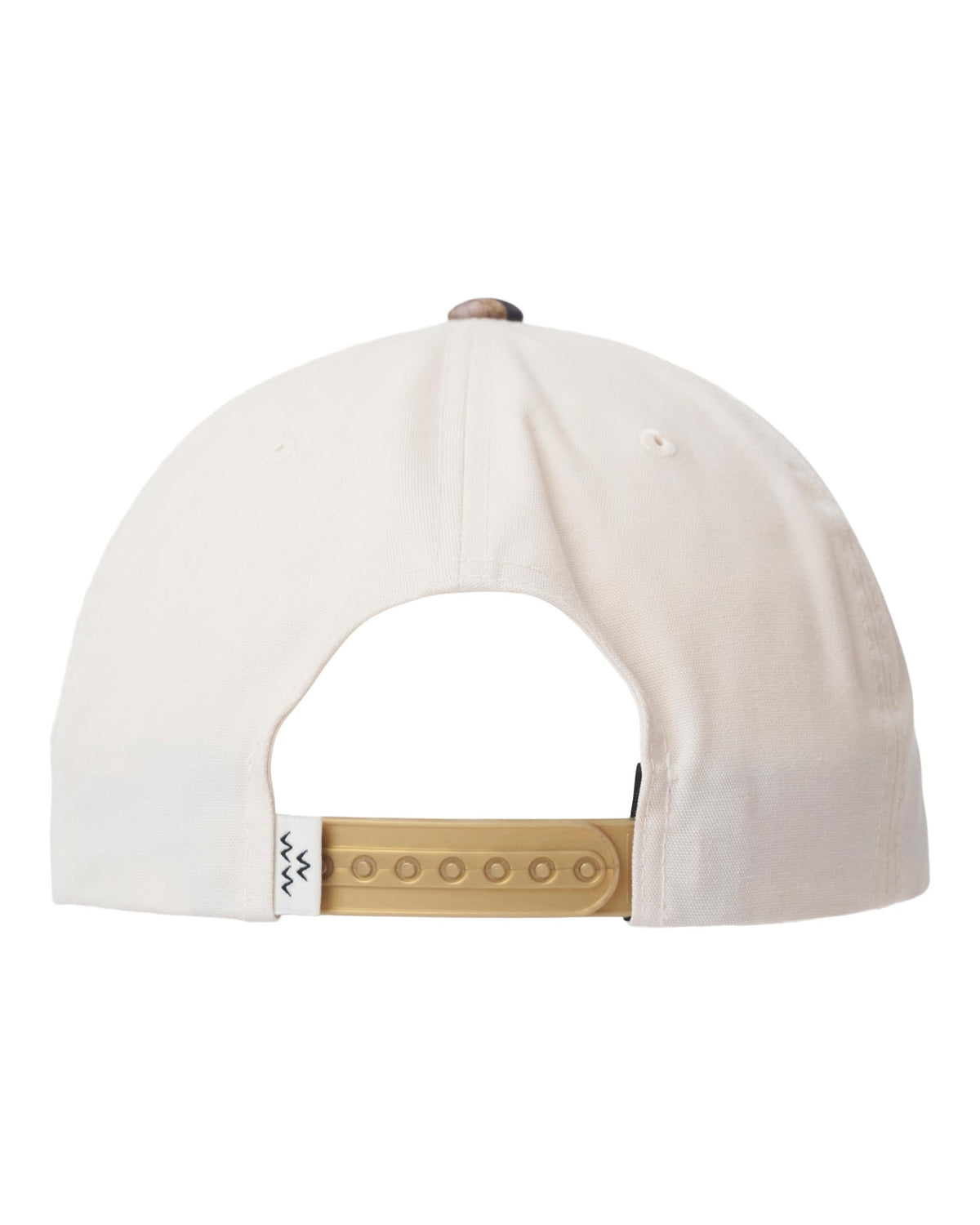 Back of a natural snapback cap with an adjustable strap, small woven label, and a camo top button.