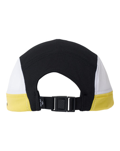 Back of a black, white, and yellow panelled sports cap featuring a black strapback closure with a plastic buckle.