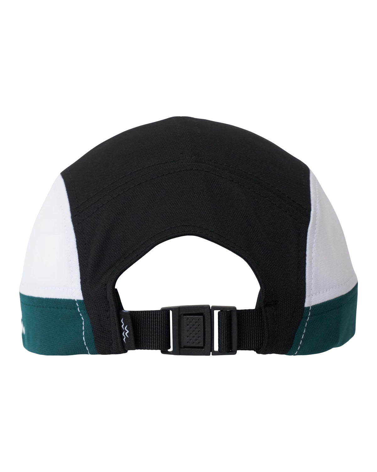 Back of an alpine green, black, and white sports cap featuring an adjustable strap back closure.