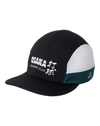 Black sports cap with white and alpine green side panels, featuring a printed Osaka Country Club logo.