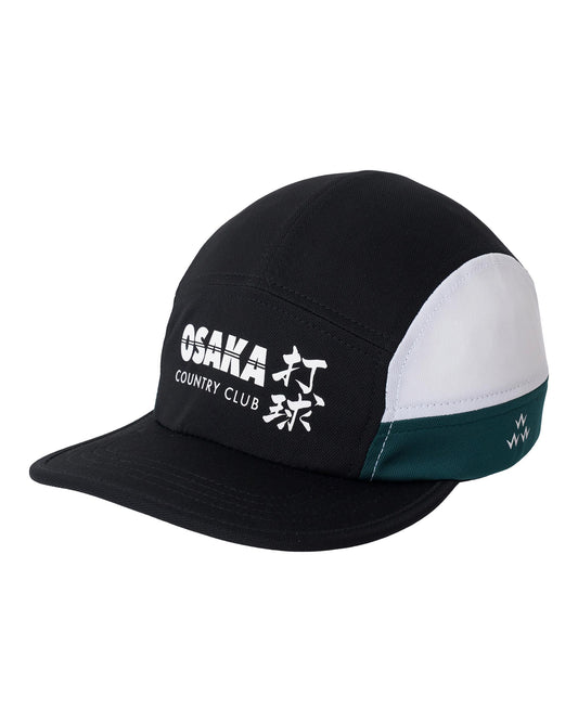 Black sports cap with white and alpine green side panels, featuring a printed Osaka Country Club logo.