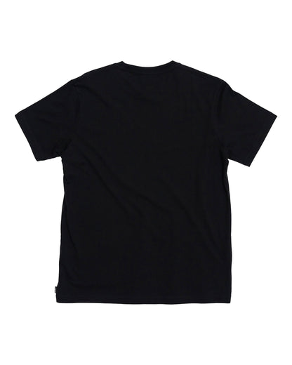 Back of a plain black short-sleeve t-shirt with a smooth solid cotton finish and a crew neckline.