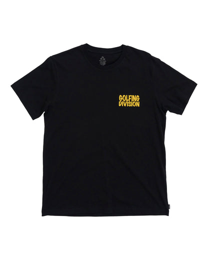 Front of a black t-shirt featuring a yellow Golfing Division graphic on the left chest.