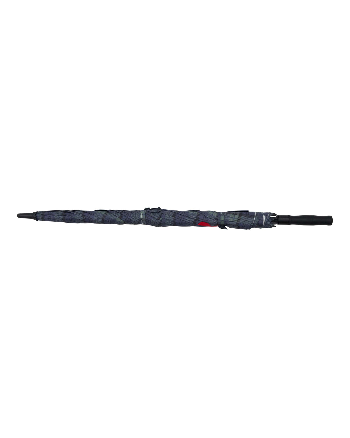 Closed blue and green plaid umbrella with a black handle, lying horizontally across the centre.