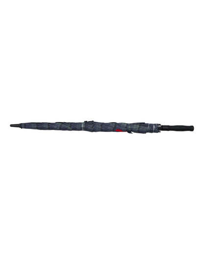 Closed blue and green plaid umbrella with a black handle, lying horizontally across the centre.